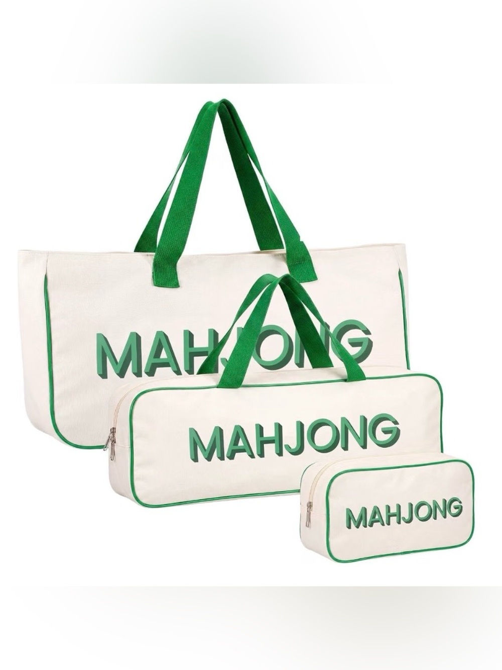 🍀 3-PIECE IVORY & GREEN MAHJONG CARRYING BAGS for TILES, RACKS & FOLDED MAT 🍀